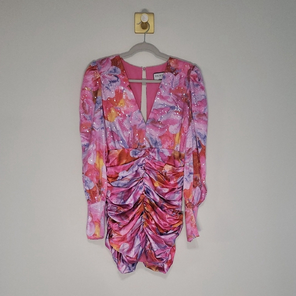 Runaway The Label Altered Mini Dress 8 Pink Sequin Ruched Long Sleeve Flawed - Picture 1 of 16